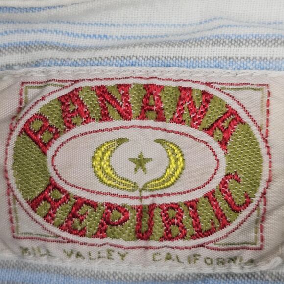Vintage Banana Republic Shirt Mens Large Blue Striped Mandarin Collar Cali 90s - Picture 5 of 7